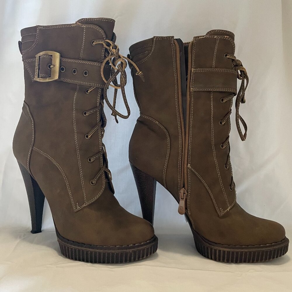 Taupe/Brown Knee High Platform Boots with Lace-Up Front, Buckle & Side Zip